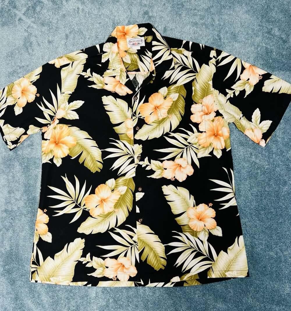 Pacific Legend Hawaiian Shirt Men’s L Black Hibiscus Floral Made in Hawaii